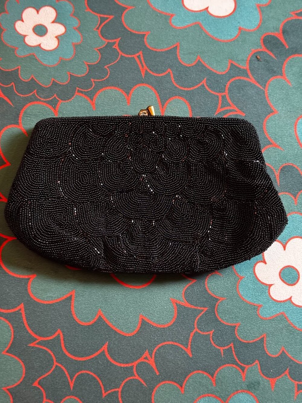 Art Deco Inspired Beaded Kiss Lock Clutch Bag, Black, Vintage Circa 1960s